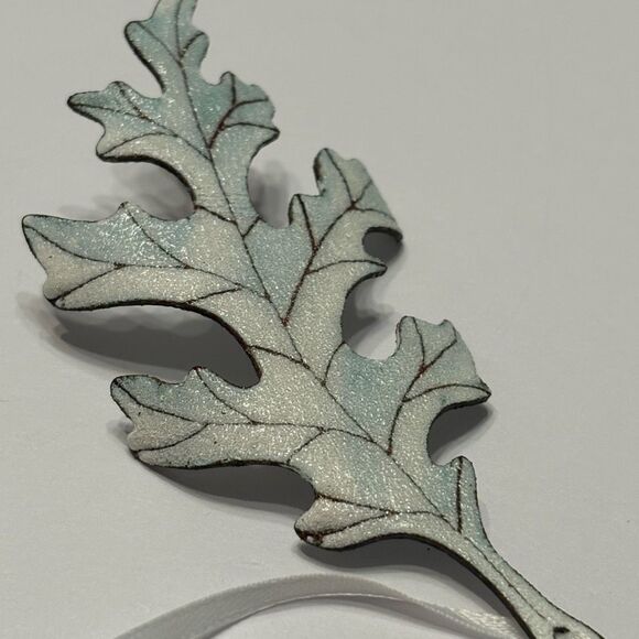 Metal and Enamel White Green Leaf 3 Dimensional Christmas Holiday Ornament - Picture 3 of 6